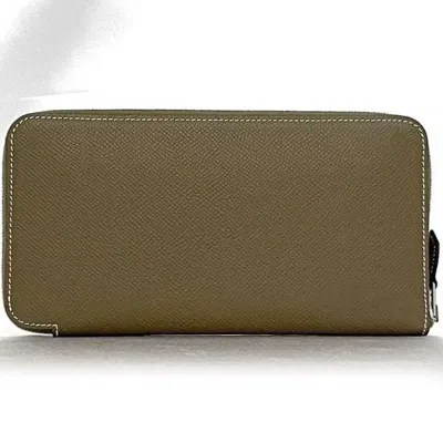 Pre-owned Hermes Beige Etoupe Gray Leather Epsom Leather Silk Long Wallet (bi-fold) ()