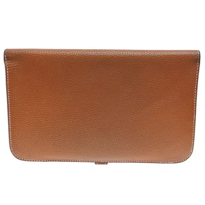 Pre-owned Hermes Brown Gold Togo Leather Long Wallet (bi-fold) () In Multi