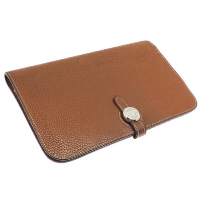 Pre-owned Hermes Brown Gold Togo Leather Long Wallet (bi-fold) () In Multi