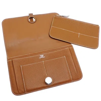 Pre-owned Hermes Brown Gold Togo Leather Long Wallet (bi-fold) () In Multi