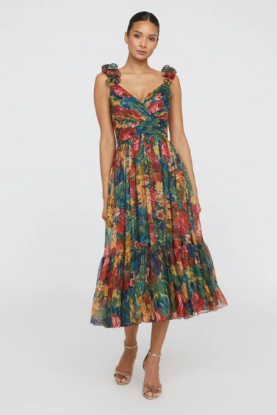 Theia Tate Ruffle Shoulder Midi Dress In Tapestry Roses In Green