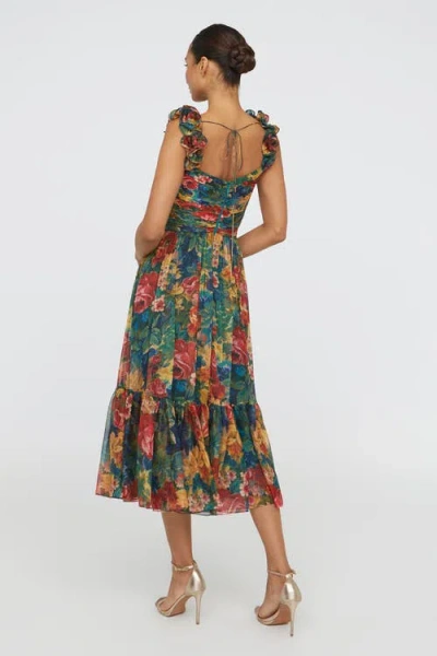 Theia Tate Ruffle Shoulder Midi Dress In Tapestry Roses In Green