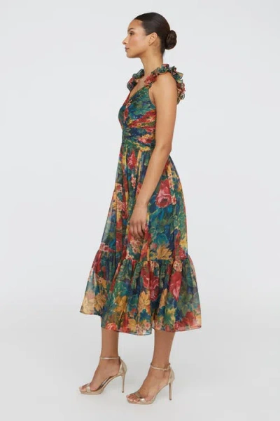 Theia Tate Ruffle Shoulder Midi Dress In Tapestry Roses In Green