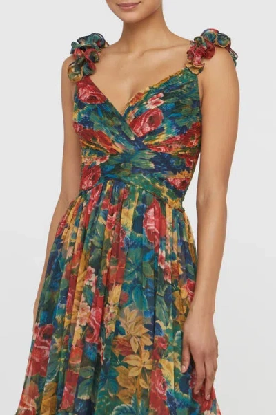 Theia Tate Ruffle Shoulder Midi Dress In Tapestry Roses In Green