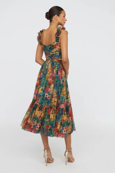 Theia Tate Ruffle Shoulder Midi Dress In Tapestry Roses In Green