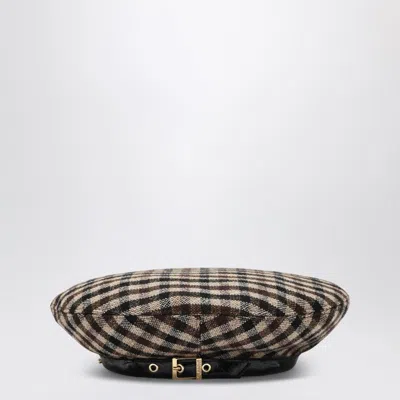 Ganni Checkered Wool Beret Featuring Buckle Detail In Brown