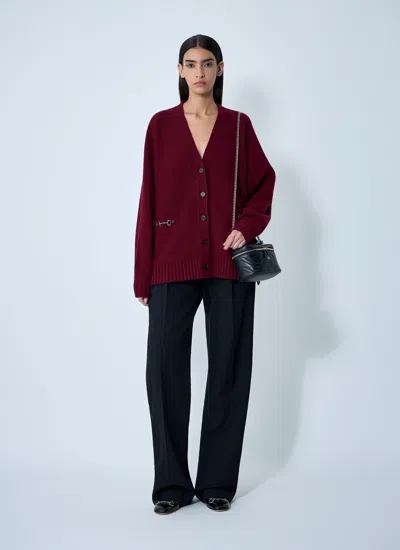 Gucci Women Bordeaux V-neck Cardigan With Metal Clamps On The Front In Wool And Cashmere Blend Woman In Burgundy
