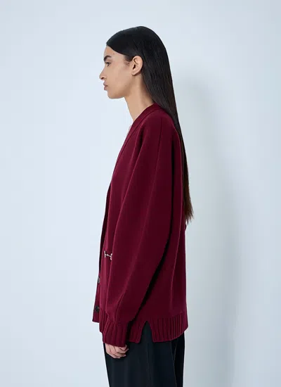 Gucci Women Bordeaux V-neck Cardigan With Metal Clamps On The Front In Wool And Cashmere Blend Woman In Burgundy