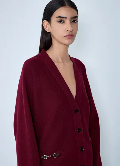 Gucci Women Bordeaux V-neck Cardigan With Metal Clamps On The Front In Wool And Cashmere Blend Woman In Burgundy