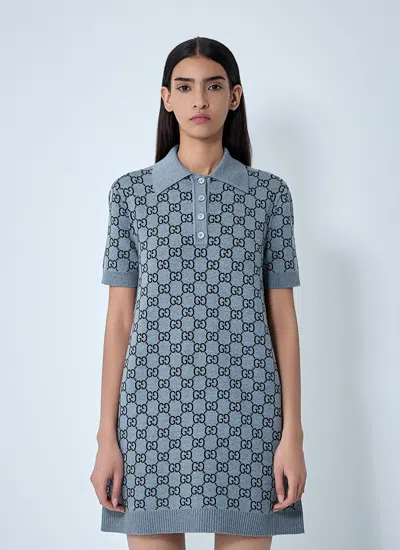 Gucci Gg Wool Dress With Ribbed Profiles In Blue