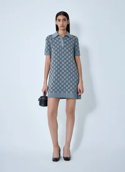 Gucci Gg Wool Dress With Ribbed Profiles In Blue
