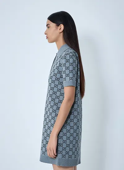 Gucci Gg Wool Dress With Ribbed Profiles In Blue