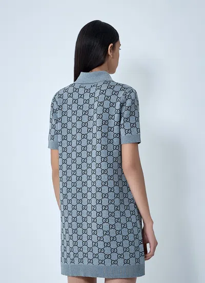 Gucci Gg Wool Dress With Ribbed Profiles In Blue
