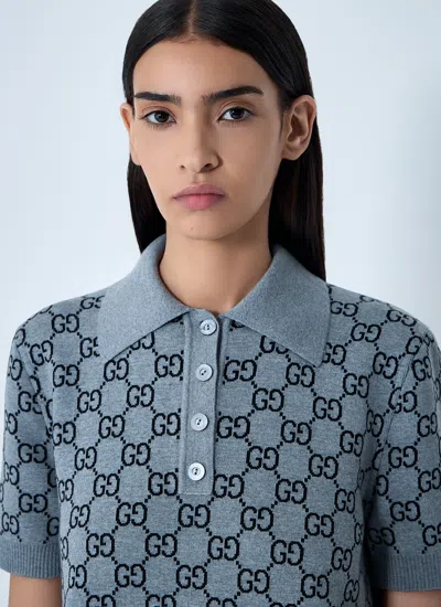 Gucci Gg Wool Dress With Ribbed Profiles In Blue