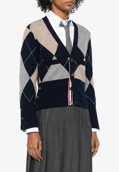 Thom Browne Navy Argyle Intarsia Cashmere V Neck Cardigan In Multi