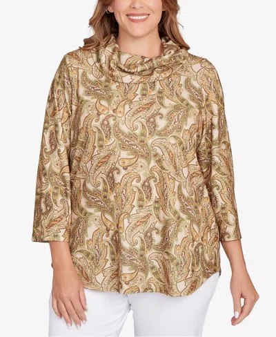 Hearts Of Palm Plus Size Printed Hatchi Cowl Neck Top In Multi