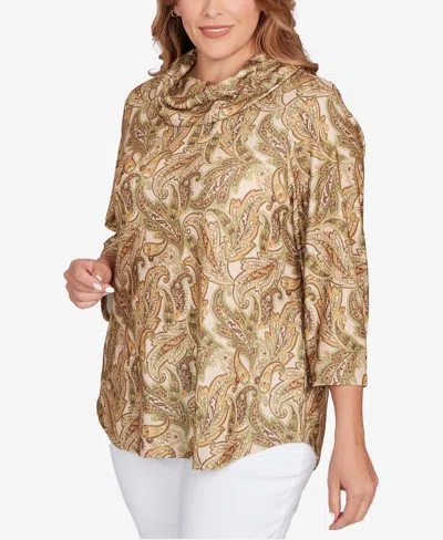 Hearts Of Palm Plus Size Printed Hatchi Cowl Neck Top In Multi