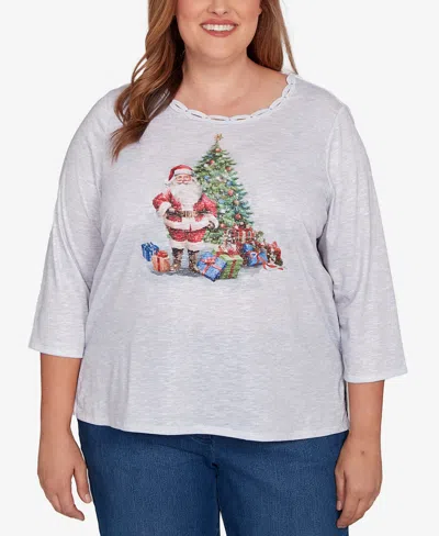 Alfred Dunner Plus Size Classic Santa And Tree Print Crew Neck Top In Gray