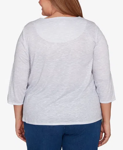 Alfred Dunner Plus Size Classic Santa And Tree Print Crew Neck Top In Gray