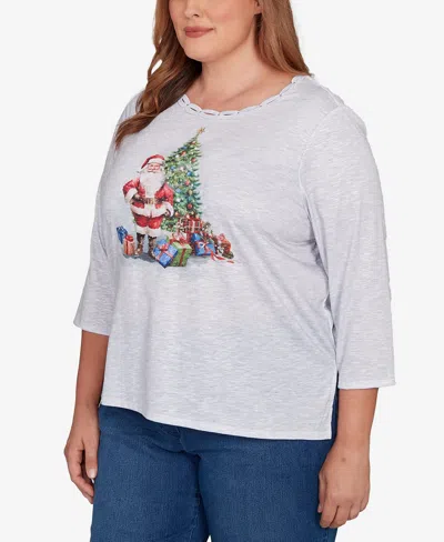 Alfred Dunner Plus Size Classic Santa And Tree Print Crew Neck Top In Gray