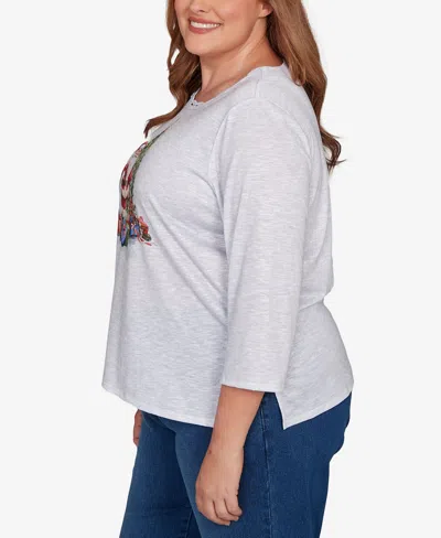 Alfred Dunner Plus Size Classic Santa And Tree Print Crew Neck Top In Gray