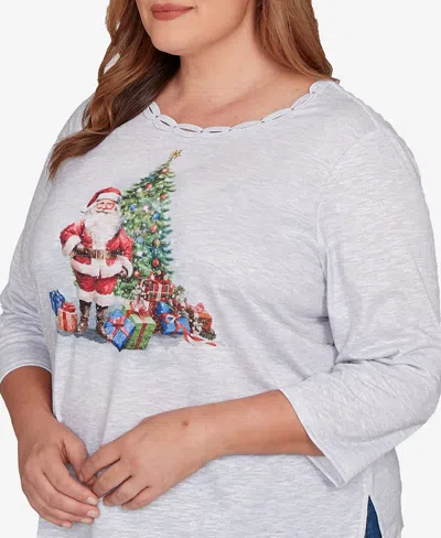 Alfred Dunner Plus Size Classic Santa And Tree Print Crew Neck Top In Gray
