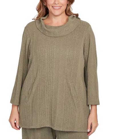 Hearts Of Palm Plus Size Solid Texture Hatchi Cowl Neck Tunic Top In Green