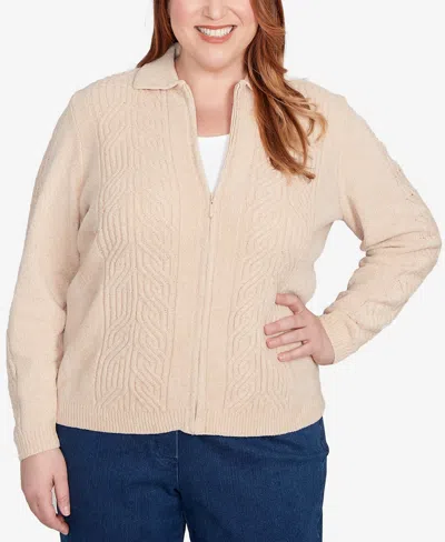Alfred Dunner Plus Size Classic Zip-front Chenille Collared Cardigan Sweater In Brown