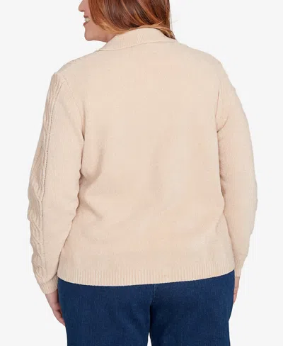 Alfred Dunner Plus Size Classic Zip-front Chenille Collared Cardigan Sweater In Brown