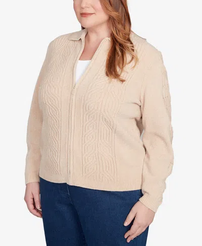 Alfred Dunner Plus Size Classic Zip-front Chenille Collared Cardigan Sweater In Brown