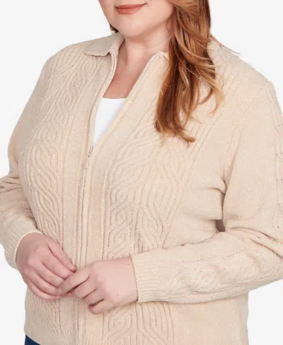 Alfred Dunner Plus Size Classic Zip-front Chenille Collared Cardigan Sweater In Brown