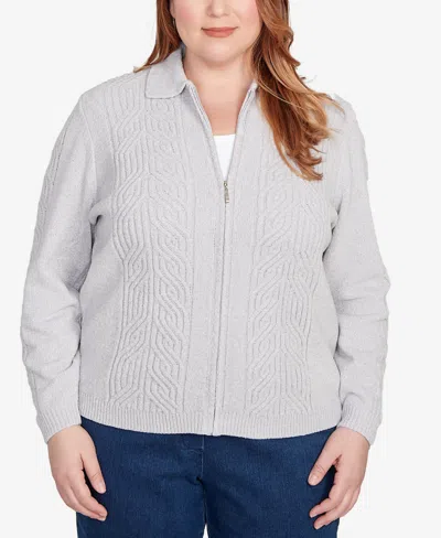 Alfred Dunner Women's Classic Zip-front Chenille Collared Cardigan Sweater In Gray