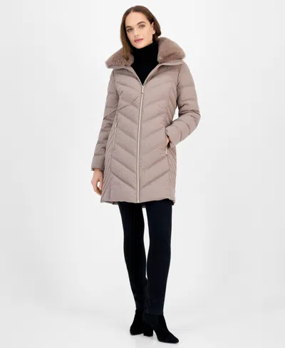 Michael Kors Michael  Women's Faux-fur-trim Hooded Puffer Coat, Created For Macy's In Brown