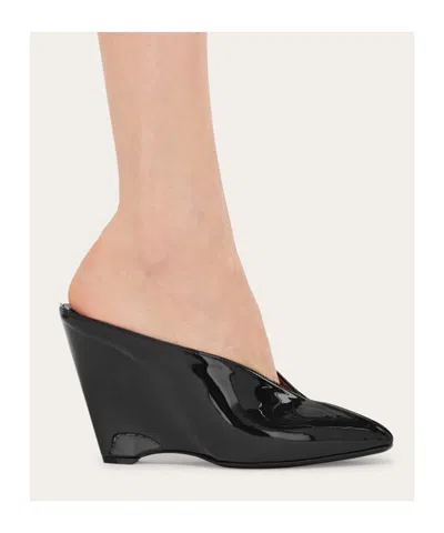 Ferragamo Leather Mules With Wedge Heel And Glossy Finish In Black