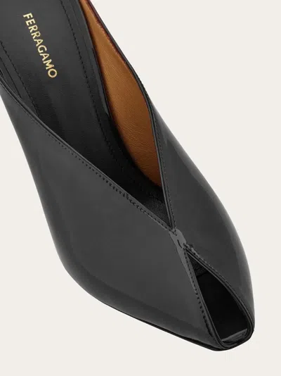 Ferragamo Leather Mules With Wedge Heel And Glossy Finish In Black