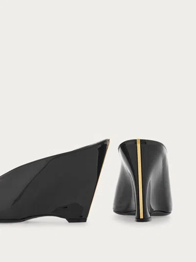 Ferragamo Leather Mules With Wedge Heel And Glossy Finish In Black