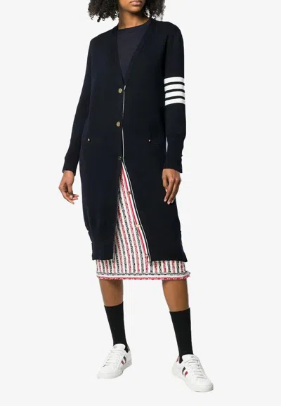Thom Browne 4-bar Striped Milano Stitch Long Wool Cardigan In Black