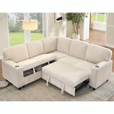 Streamdale Furniture Streamdale L-shaped Sectional Sofa Bed: Pull-out, Storage, Usb, Corduroy Beige