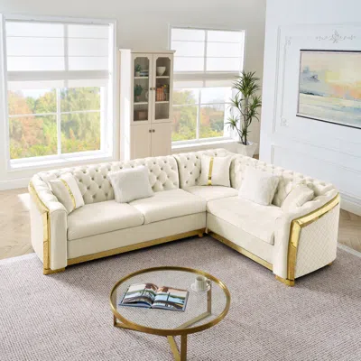 Streamdale Furniture Streamdale L-shaped Chesterfield Sectional Sofa, Velvet, Gold Accents, Beige