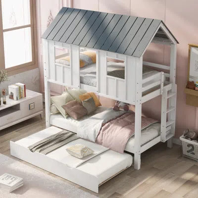 Streamdale Furniture Streamdale House Bunk Bed With Trundle, Roof And Windows Twin