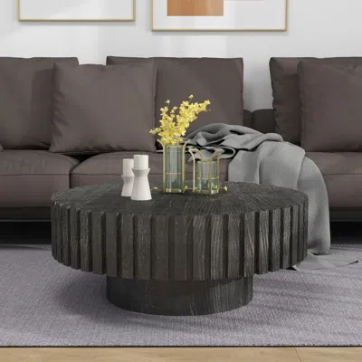 Streamdale Furniture Streamdale Black Round Coffee Table - Wood Texture, Minimalist Style