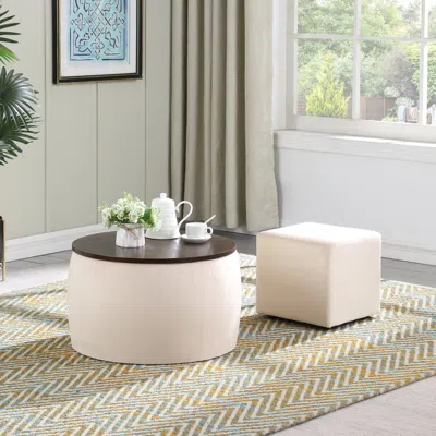 Streamdale Furniture Streamdale Round Ottoman Set With Storage & Coffee Table - 2 In 1 Function