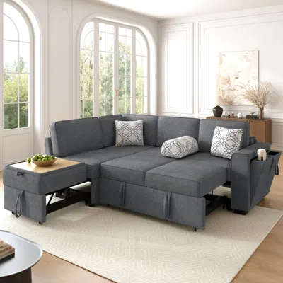 Streamdale Furniture Streamdale Convertible Sectional Sofa Bed W/ Pull-out Sleepers, Table, Usb, Storage - Dark Gray