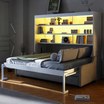 Streamdale Furniture Streamdale Murphy Cabinet Bed With Sofa, Storage & Led - Beige
