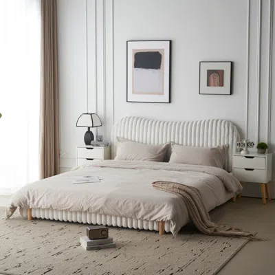 Streamdale Furniture Streamdale White Boucle King Bed With Wavy Headboard