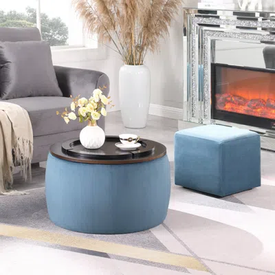 Streamdale Furniture Streamdale Round Ottoman Set With Storage & Coffee Table - 2 In 1 Function