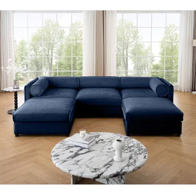 Streamdale Furniture Streamdale Blue Chenille Sofa With Storage & Ottoman