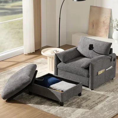 Streamdale Furniture Streamdale 38" Sofa W/ Storage Ottoman, Usb, Phone Holder, Pockets, Wide Chaise, Chenille