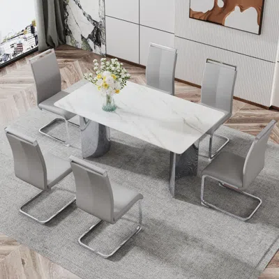 Streamdale Furniture Streamdale Sleek Marble Dining Table With 6 Pu Seats