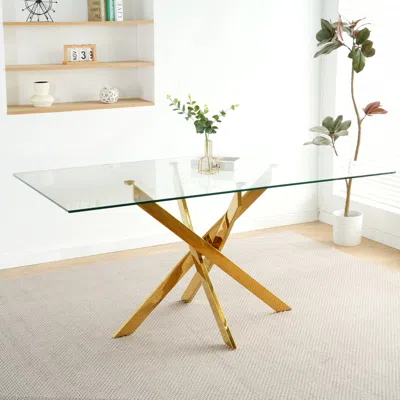 Streamdale Furniture Streamdale 63" Modern Glass Dining Table, Gold Legs